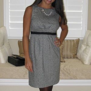 LOFT Black and White Tweed Sheath Dress with Ribbon Waist, Size 6P